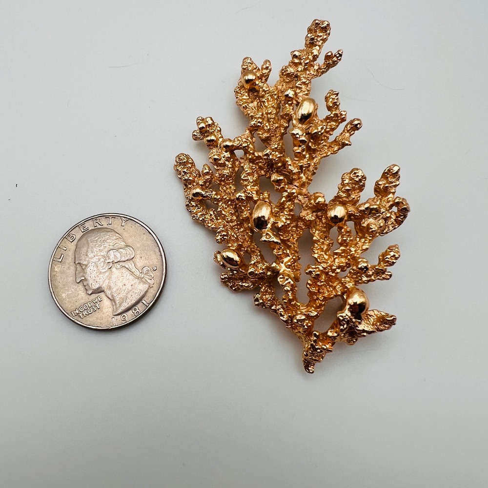Vintage Napier Coral Foliage Brooch Textured Gold Tone Pin Modern Statement - Picture 3 of 8